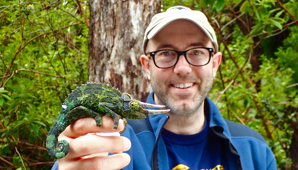 Tony Gamble holding a male Jacksons Chameleon. Photo courtesy of Stu Nielsen